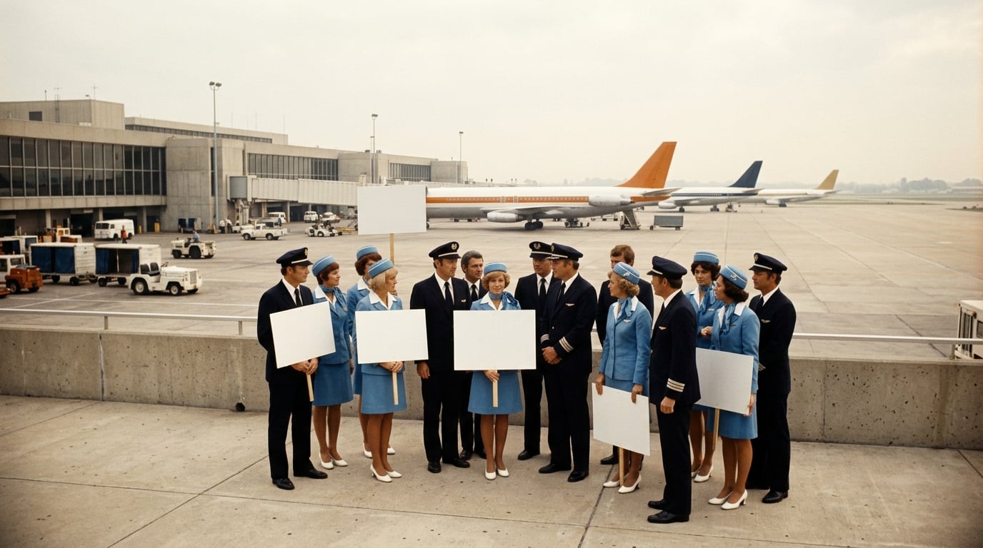 Flugpersonal in Uniformen in Himmelblau und Weiß steht mit leeren Schildern vor einem Terminal.