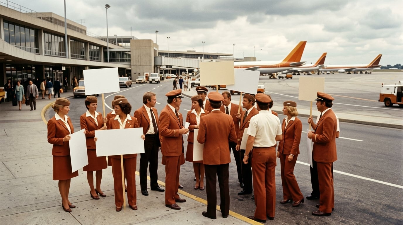Flugpersonal in Uniformen in Kupfer und Elfenbein steht mit leeren Schildern vor einem Terminal.
