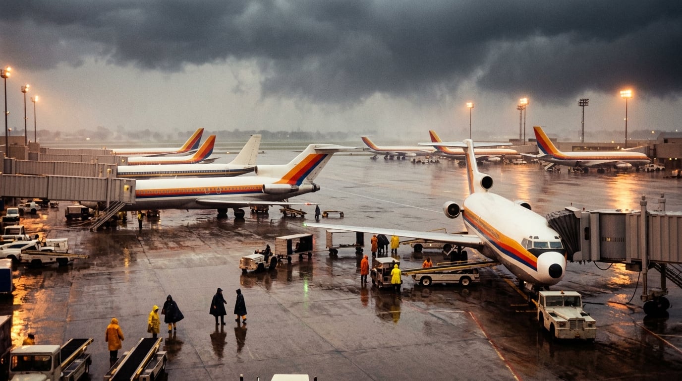 Verkehrsflugzeuge warten bei Sturm und Regen an ihren Positionen, Bodenpersonal in Regenumhängen.