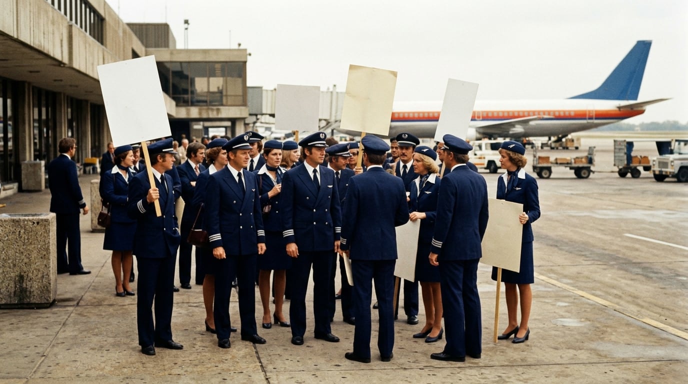 Flugpersonal in Uniformen in Marineblau und Silber steht mit leeren Schildern vor einem Terminal.