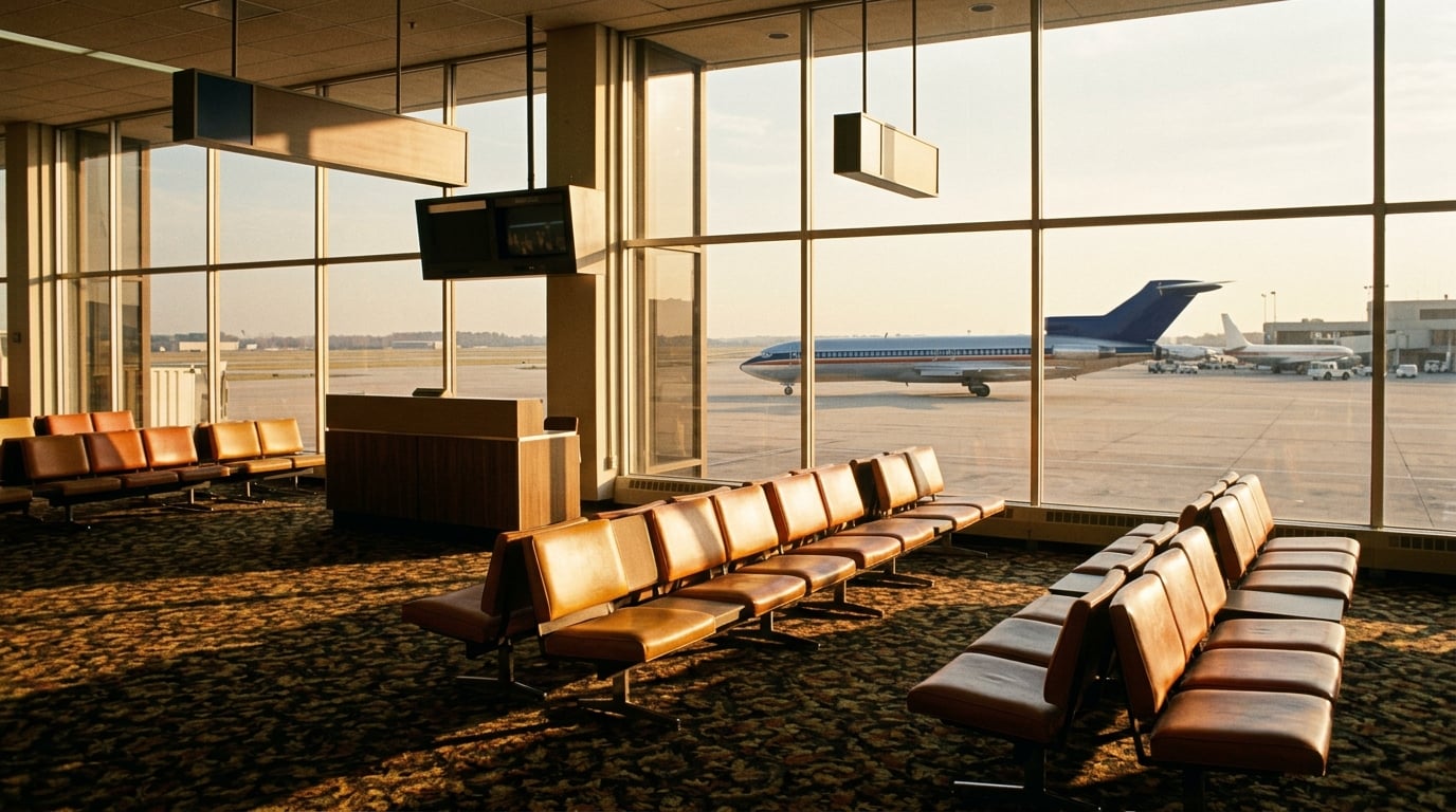 Ein leerer Abfluggate-Bereich in Atlanta, draußen steht ein Verkehrsflugzeug in Marineblau und Silber.