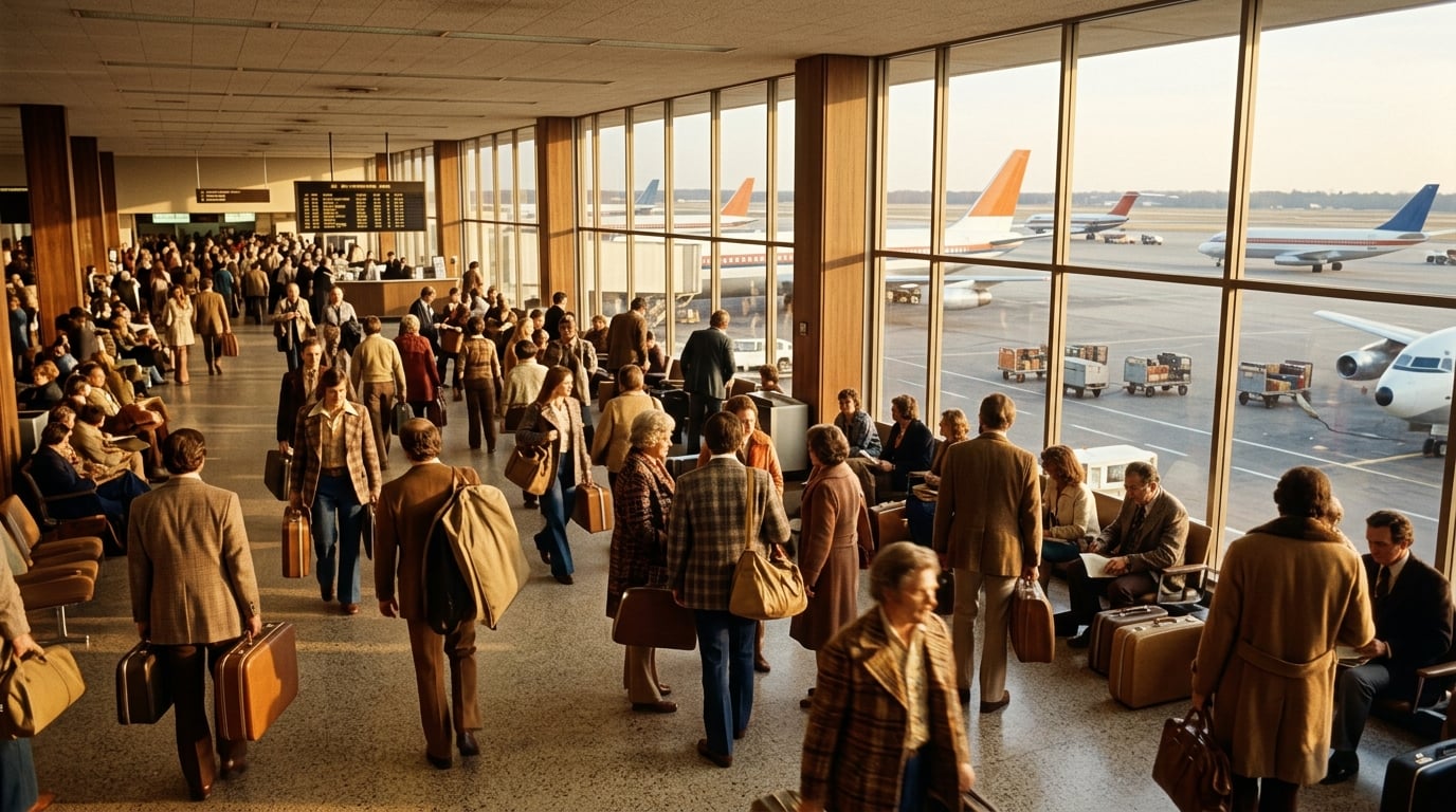 Eine volle Ankunftshalle eines Flughafens der 1970er Jahre mit Reisenden und Koffern.