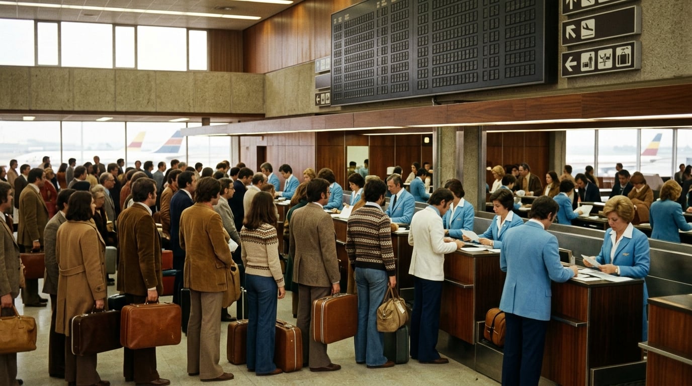 Reisende stehen an einem Ticketschalter in Madrid, das Personal trägt Uniformen in Himmelblau und Weiß.