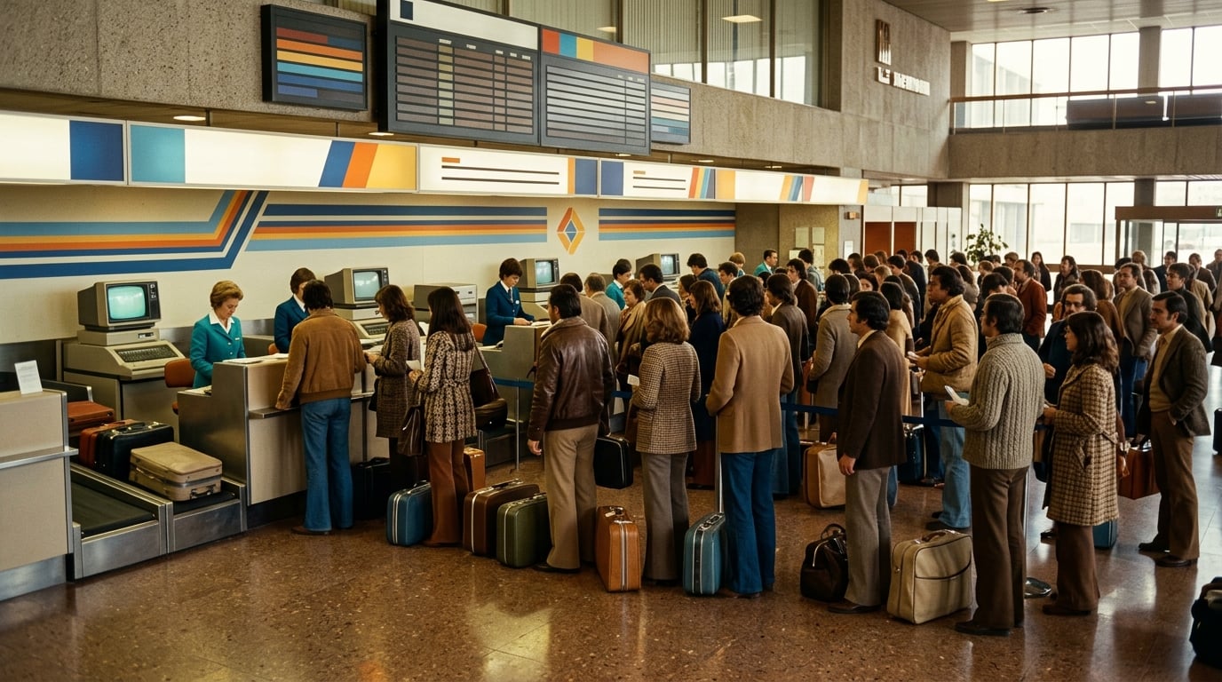 Reisende stehen an einem Ticketschalter in Madrid, das Personal trägt Uniformen in Türkis und Dunkelblau.