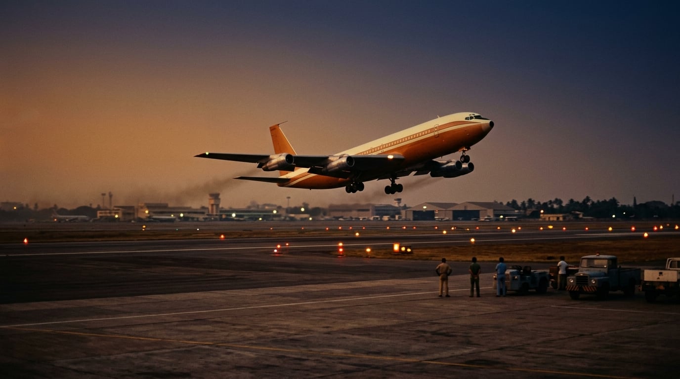 Ein vierstrahliges Langstreckenflugzeug in Kupfer und Elfenbein startet in der Abenddämmerung in Bombay.