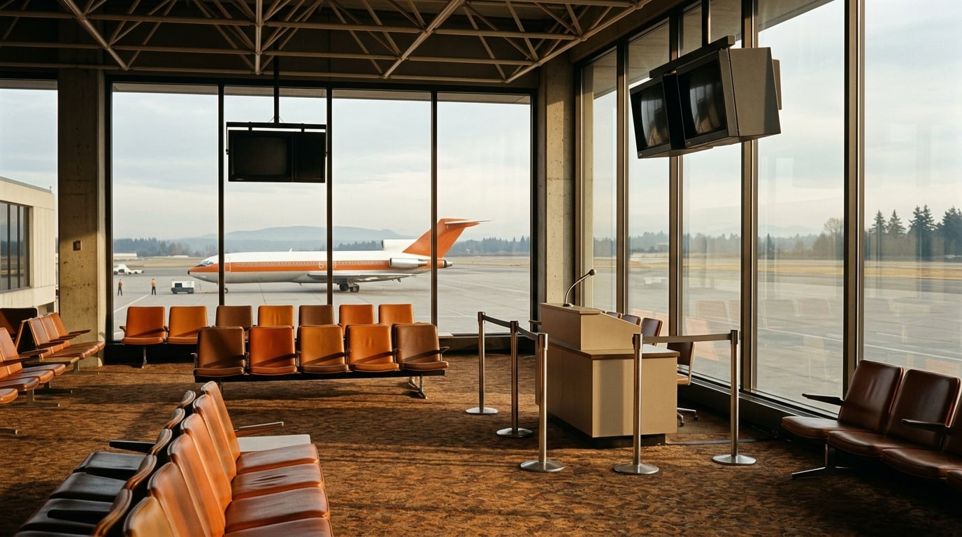 Ein leerer Abfluggate-Bereich in Seattle, draußen steht ein Verkehrsflugzeug in Orange und Weiß.