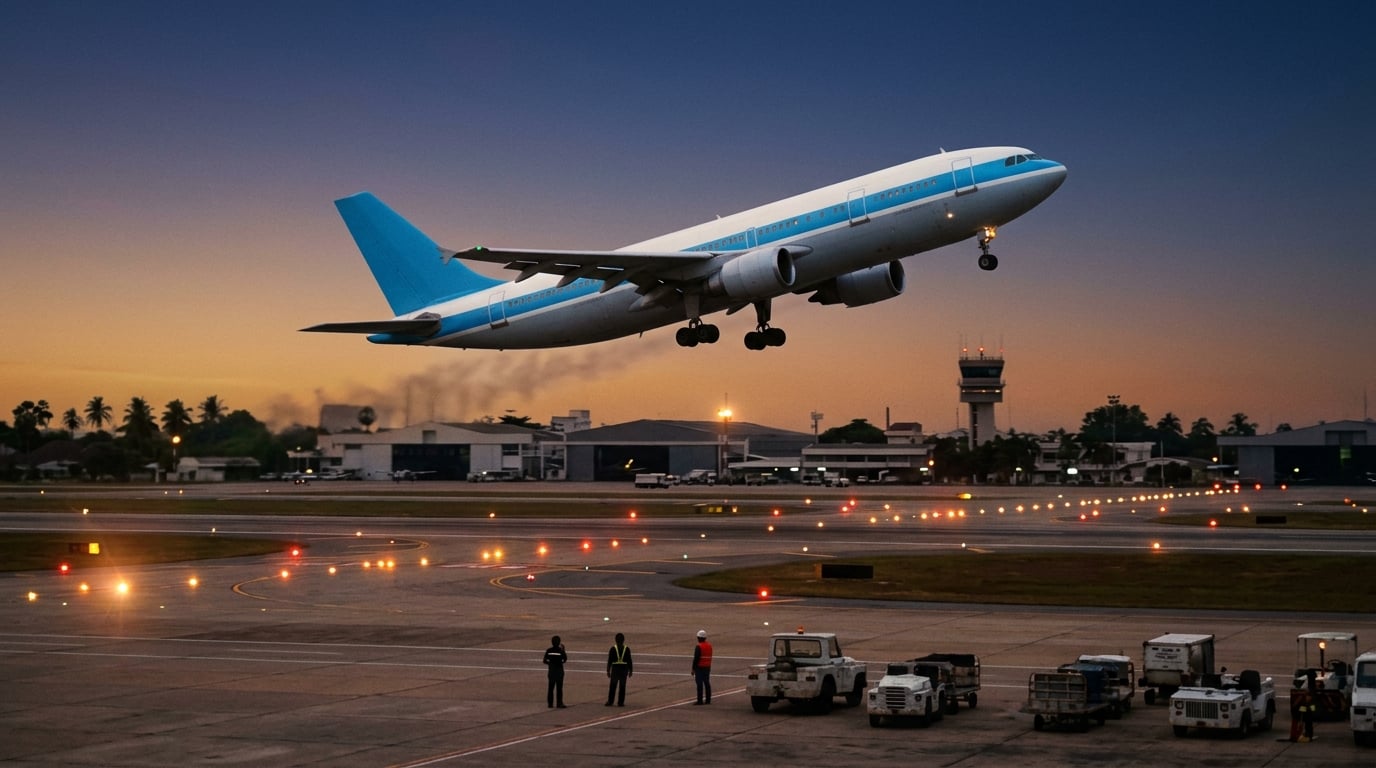 Ein zweistrahliger Großraumjet in Himmelblau und Weiß startet in der Abenddämmerung in Bangkok.