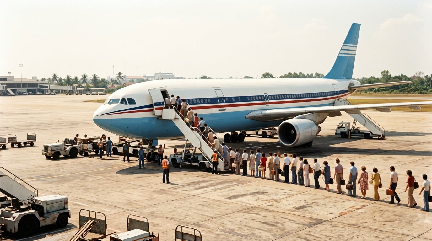 Fluggäste steigen in Bangkok über eine Treppe an Bord, das Flugzeug ist in Himmelblau und Weiß lackiert.