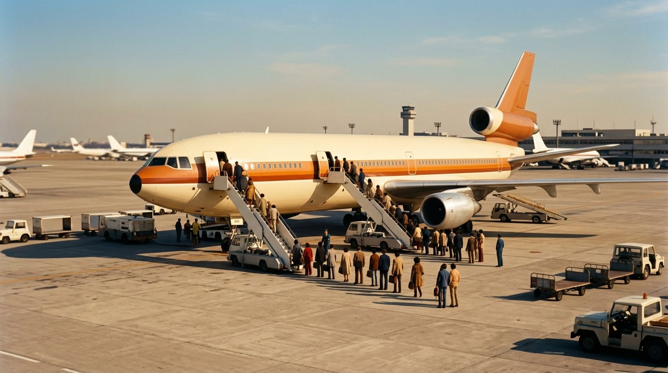 Fluggäste steigen in Tokio über eine Treppe an Bord, das Flugzeug ist in Kupfer und Elfenbein lackiert.