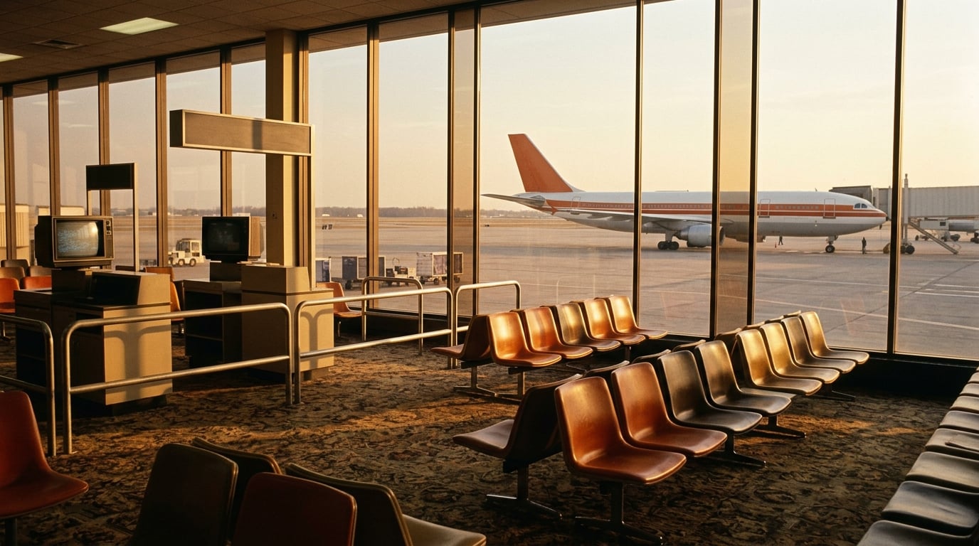 Ein leerer Abfluggate-Bereich in Minneapolis/St. Paul, draußen steht ein Verkehrsflugzeug in Orange und Weiß.