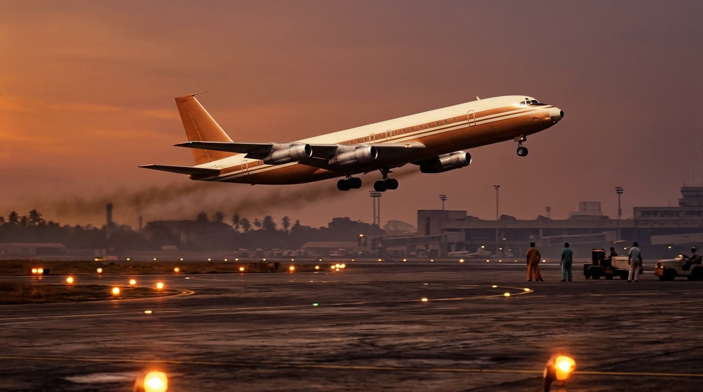 Ein vierstrahliges Langstreckenflugzeug in Kupfer und Elfenbein startet in der Abenddämmerung in Bombay.
