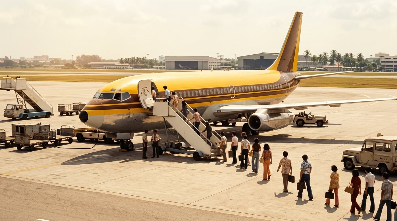 Fluggäste steigen in Singapur über eine Treppe an Bord, das Flugzeug ist in Sonnengelb und Braun lackiert.