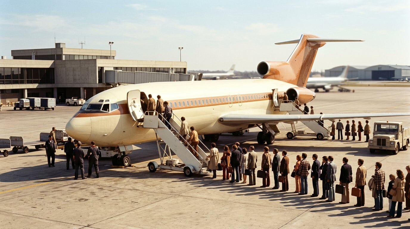 Fluggäste steigen in Belgrad über eine Treppe an Bord, das Flugzeug ist in Kupfer und Elfenbein lackiert.