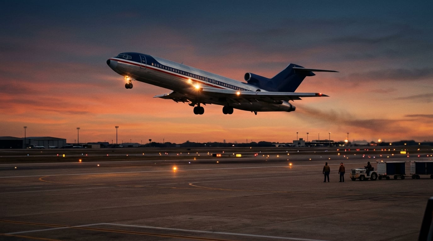 Ein dreistrahliges Verkehrsflugzeug in Marineblau und Silber startet in der Abenddämmerung in Dallas/Fort Worth.