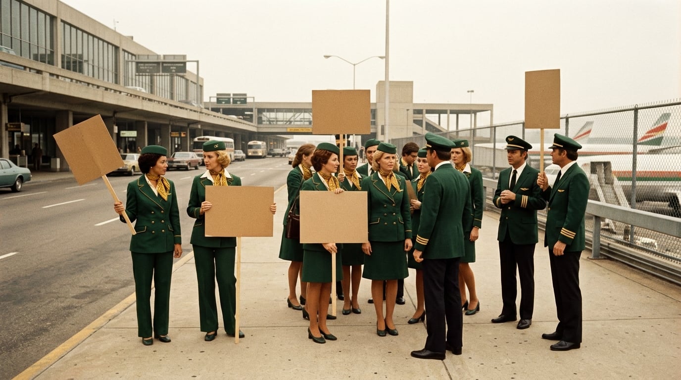 Flugpersonal in Uniformen in Waldgrün und Gold steht mit leeren Schildern vor einem Terminal.