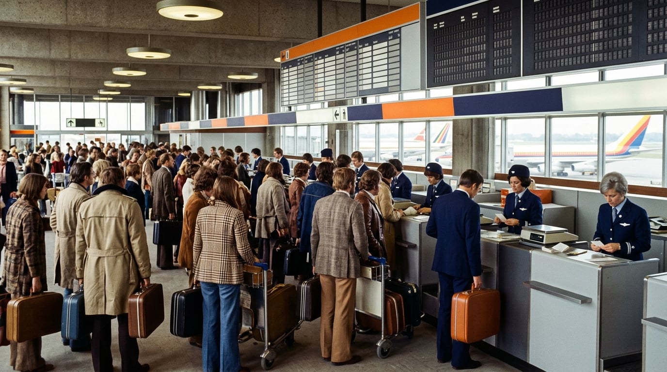 Reisende stehen an einem Ticketschalter in Amsterdam, das Personal trägt Uniformen in Marineblau und Silber.
