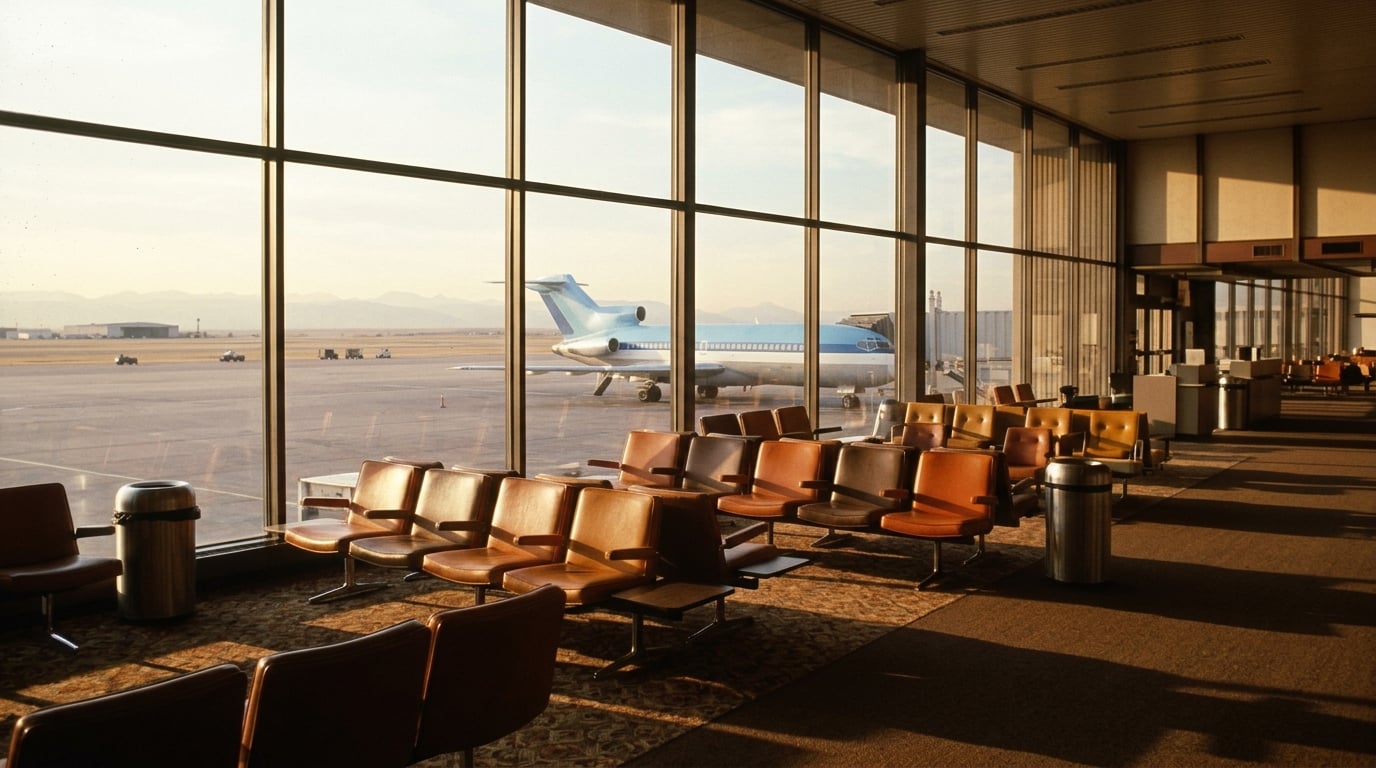 Ein leerer Abfluggate-Bereich in Denver, draußen steht ein Verkehrsflugzeug in Himmelblau und Weiß.