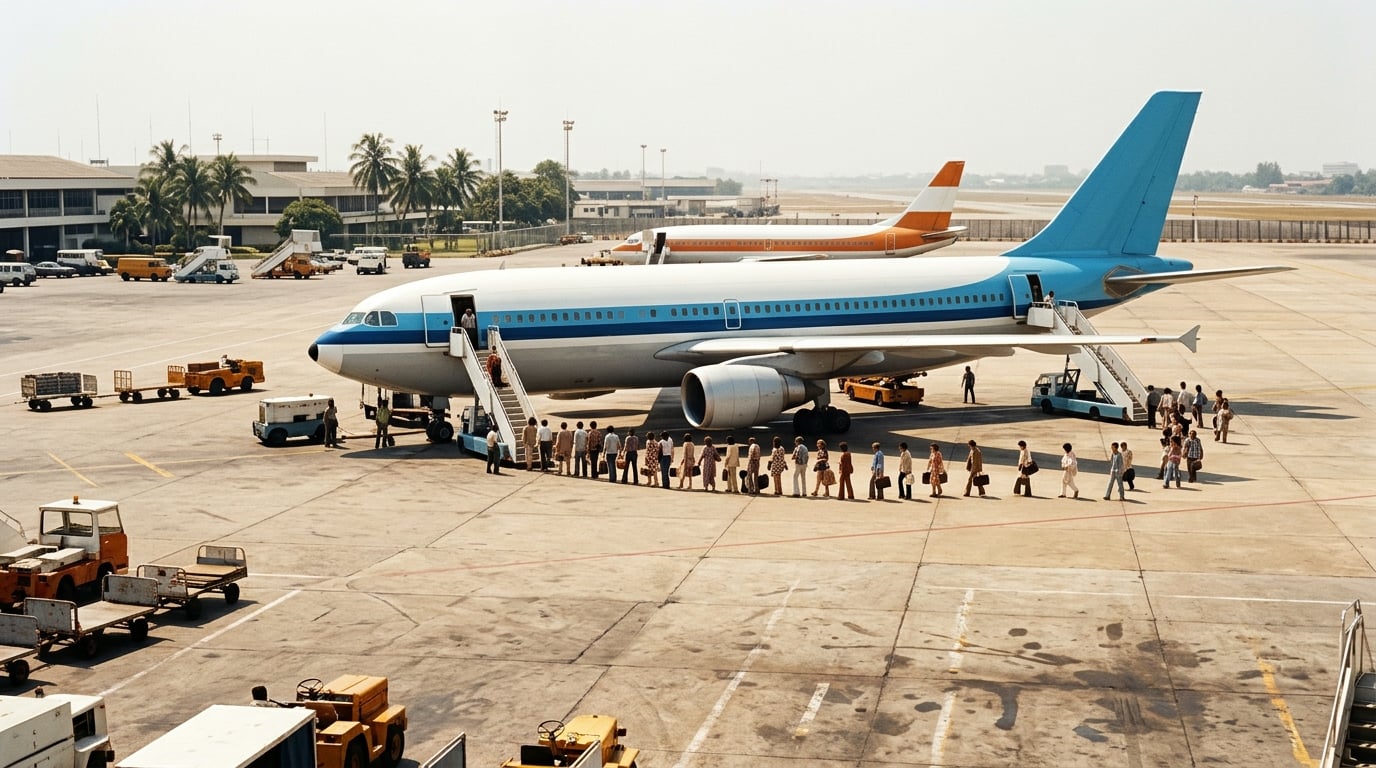 Fluggäste steigen in Bangkok über eine Treppe an Bord, das Flugzeug ist in Himmelblau und Weiß lackiert.