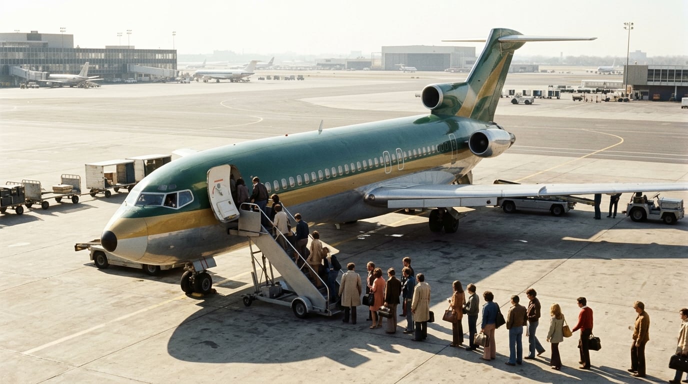 Fluggäste steigen in New York über eine Treppe an Bord, das Flugzeug ist in Waldgrün und Gold lackiert.