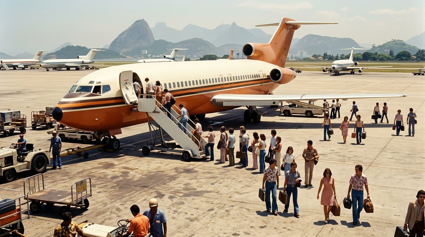 Fluggäste steigen in Rio de Janeiro über eine Treppe an Bord, das Flugzeug ist in Kupfer und Elfenbein lackiert.