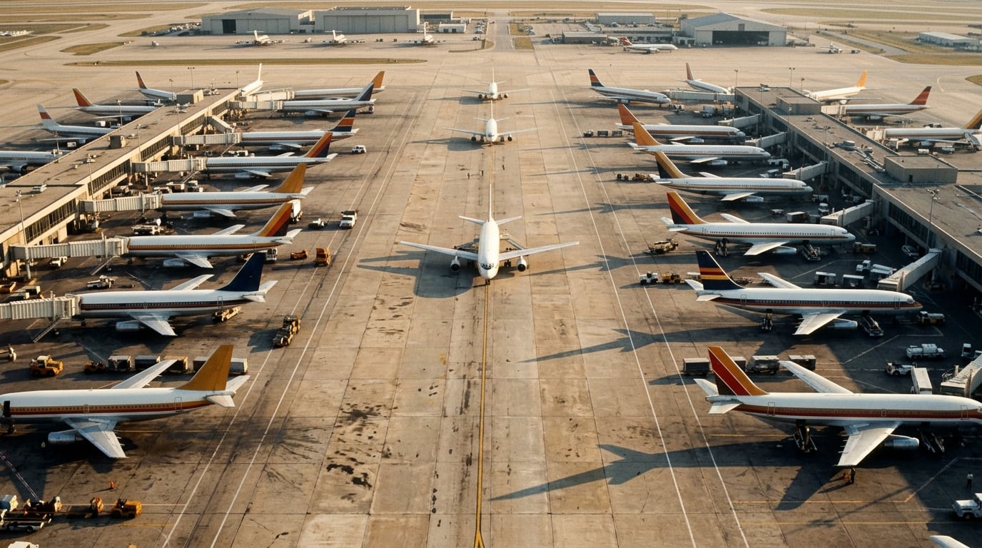 Luftbild eines belebten Flughafenvorfelds mit vielen Verkehrsflugzeugen in verschiedenen erfundenen Lackierungen.