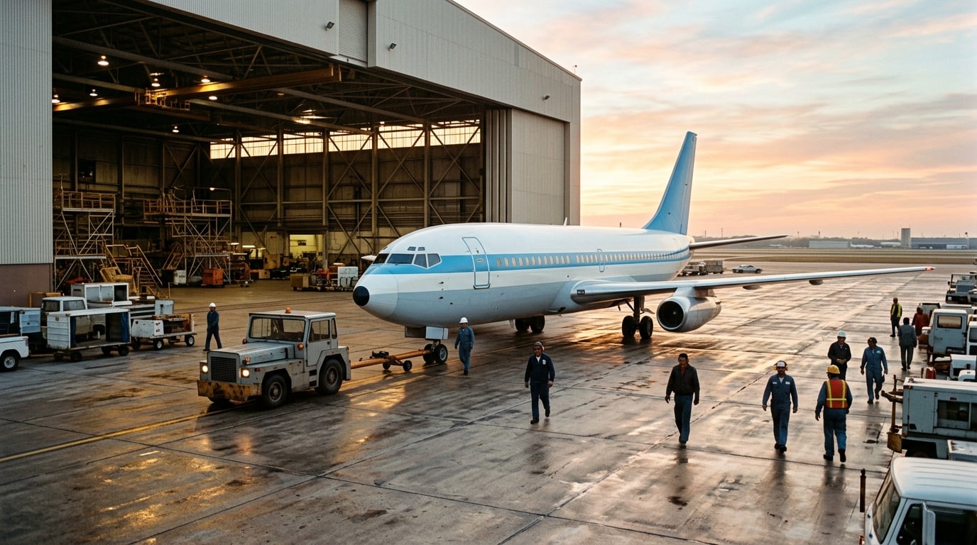 Ein Verkehrsflugzeug in Himmelblau und Weiß wird bei Sonnenaufgang in Houston aus dem Hangar gezogen.