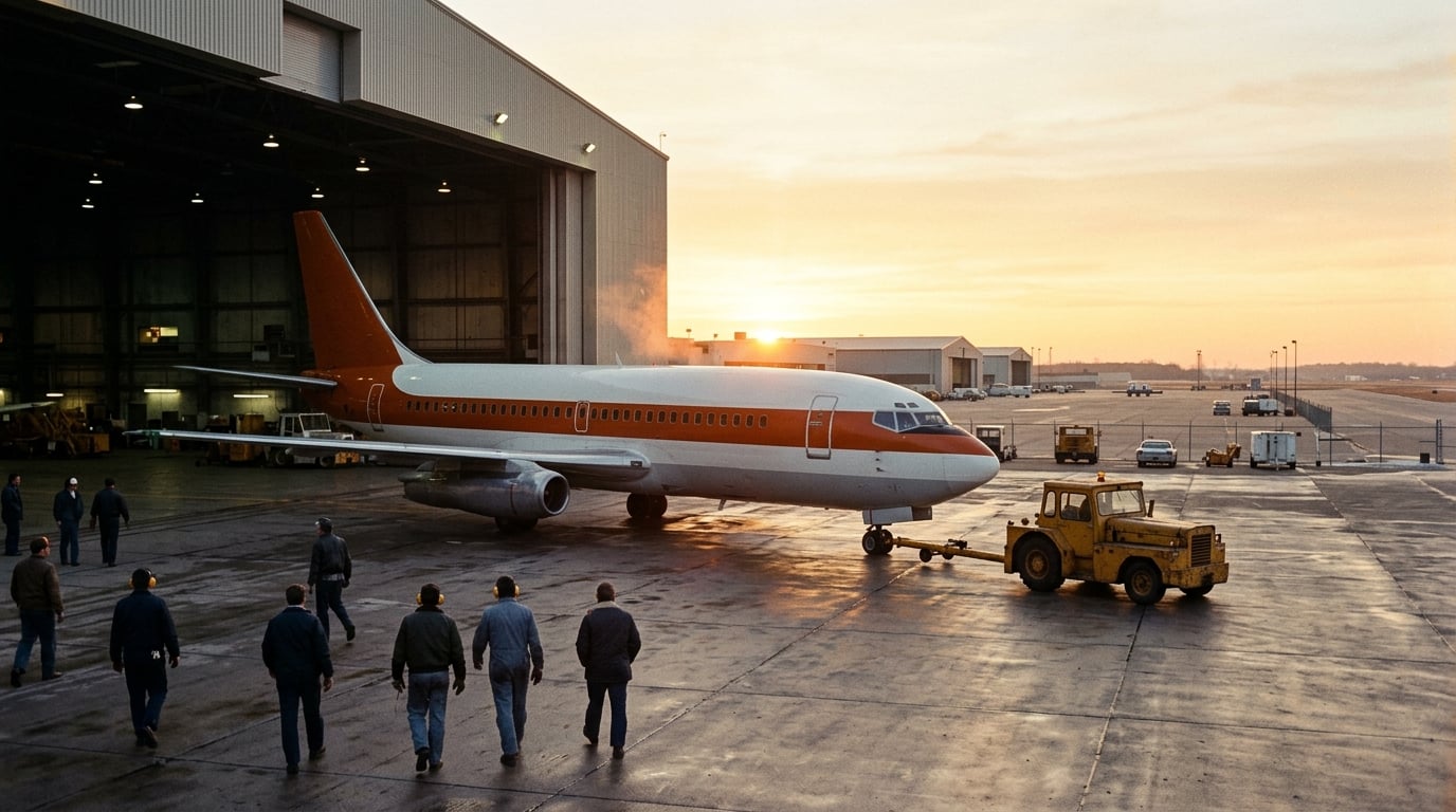 Ein Verkehrsflugzeug in Orange und Weiß wird bei Sonnenaufgang in Minneapolis/St. Paul aus dem Hangar gezogen.
